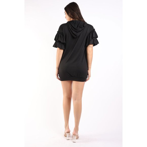 Women's Black Midi Hoodie Dress Short Sleeve Casual Outerwear Sweatshirt Dresses - Picture 10 of 11